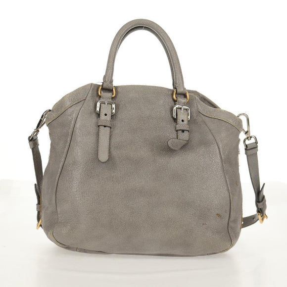 PRADA Tote Bag Leather 2way Gray Silver Auth bs31577
