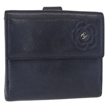 CHANEL Camelia Wallet Leather Navy Silver CC Auth bs31580