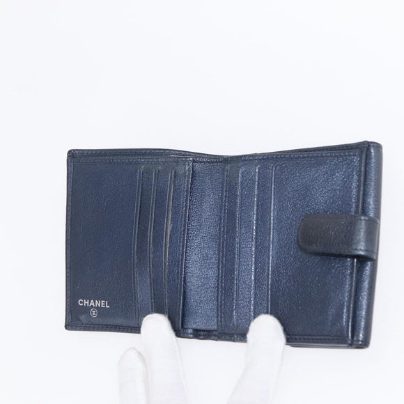CHANEL Camelia Wallet Leather Navy Silver CC Auth bs31580