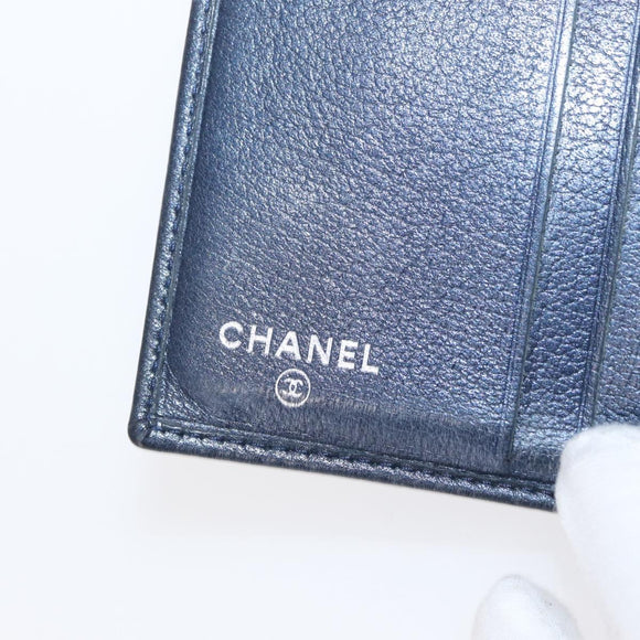 CHANEL Camelia Wallet Leather Navy Silver CC Auth bs31580