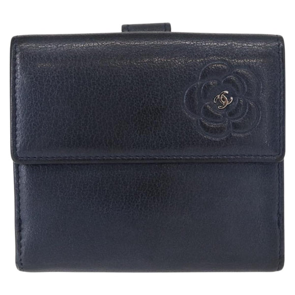 CHANEL Camelia Wallet Leather Navy Silver CC Auth bs31580