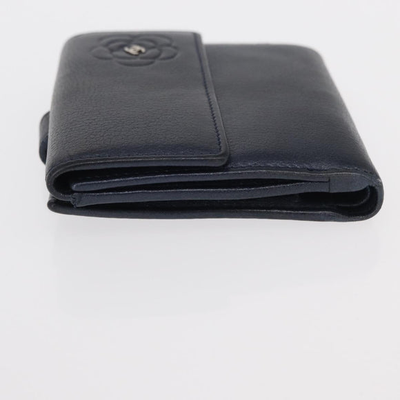 CHANEL Camelia Wallet Leather Navy Silver CC Auth bs31580