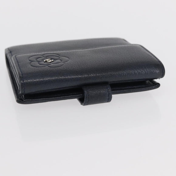 CHANEL Camelia Wallet Leather Navy Silver CC Auth bs31580