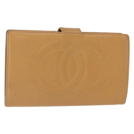 CHANEL COCO Mark Long Wallet Caviar Skin Beige Gold CC Auth bs31582