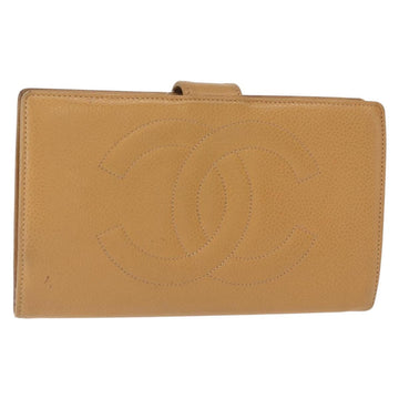 CHANEL COCO Mark Long Wallet Caviar Skin Beige Gold CC Auth bs31582