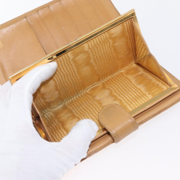 CHANEL COCO Mark Long Wallet Caviar Skin Beige Gold CC Auth bs31582