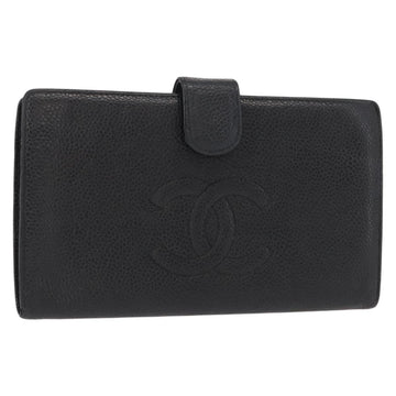 CHANEL Long Wallet Caviar Skin Black Gold CC Auth bs31583