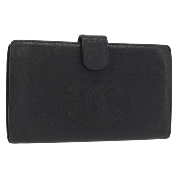 CHANEL Long Wallet Caviar Skin Black Gold CC Auth bs31583