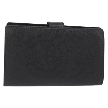 CHANEL COCO Mark Long Wallet Caviar Skin Black Gold CC Auth bs31584