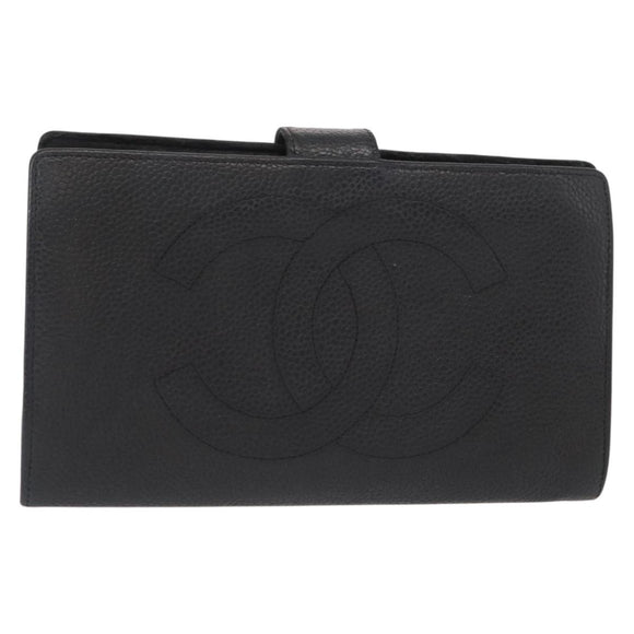 CHANEL COCO Mark Long Wallet Caviar Skin Black Gold CC Auth bs31584