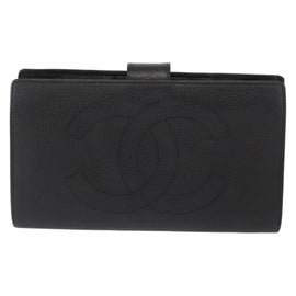 CHANEL COCO Mark Long Wallet Caviar Skin Black Gold CC Auth bs31584 - 0