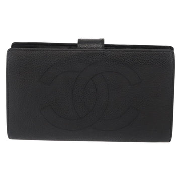 CHANEL COCO Mark Long Wallet Caviar Skin Black Gold CC Auth bs31584 - 0