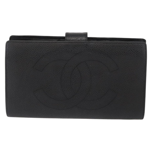 CHANEL COCO Mark Long Wallet Caviar Skin Black Gold CC Auth bs31584