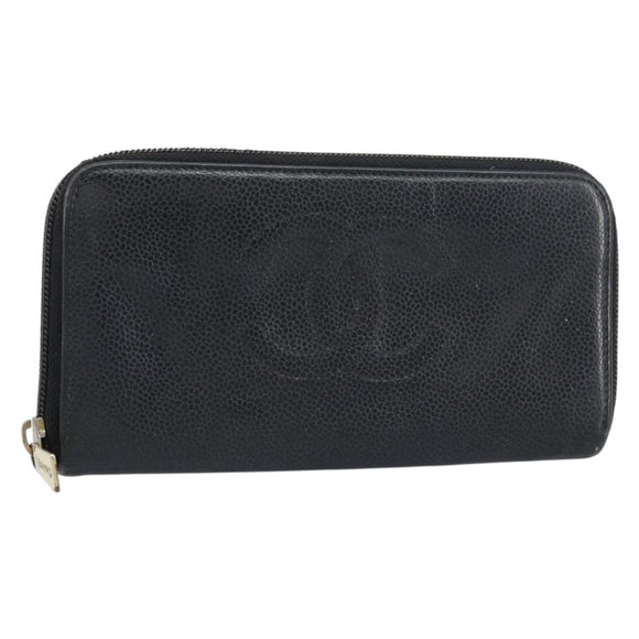 CHANEL Zip Around Long Wallet Caviar Skin Black Gold CC Auth bs31585
