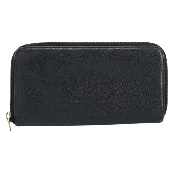 CHANEL Zip Around Long Wallet Caviar Skin Black Gold CC Auth bs31585