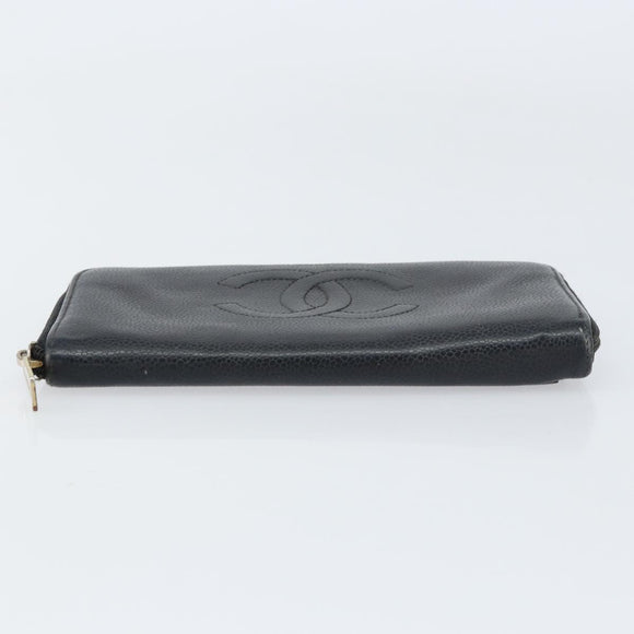 CHANEL Zip Around Long Wallet Caviar Skin Black Gold CC Auth bs31585