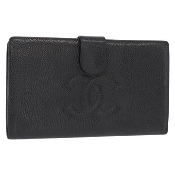CHANEL COCO Mark Long Wallet Caviar Skin Black Gold CC Auth bs31586