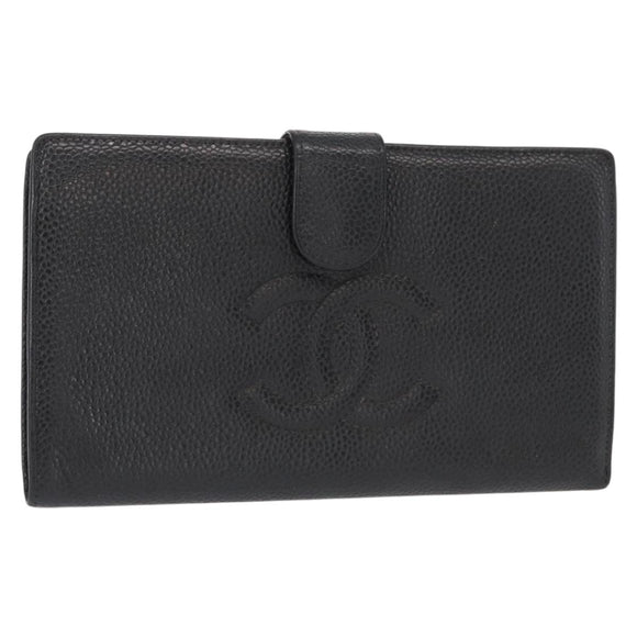 CHANEL COCO Mark Long Wallet Caviar Skin Black Gold CC Auth bs31586