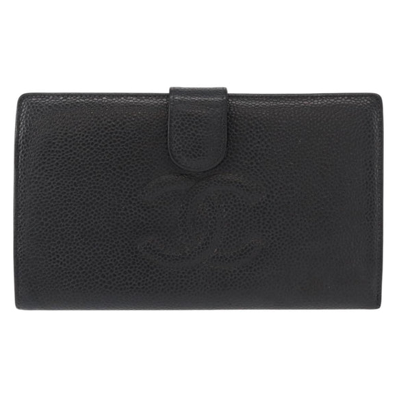 CHANEL COCO Mark Long Wallet Caviar Skin Black Gold CC Auth bs31586
