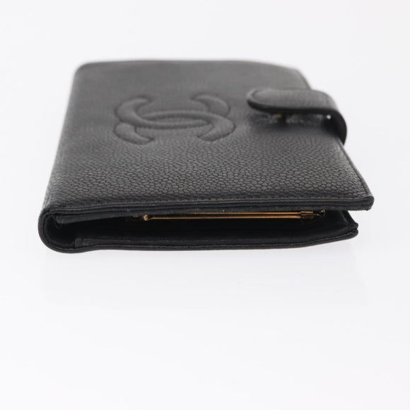 CHANEL COCO Mark Long Wallet Caviar Skin Black Gold CC Auth bs31586