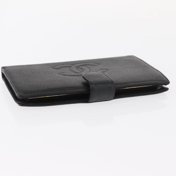 CHANEL COCO Mark Long Wallet Caviar Skin Black Gold CC Auth bs31586