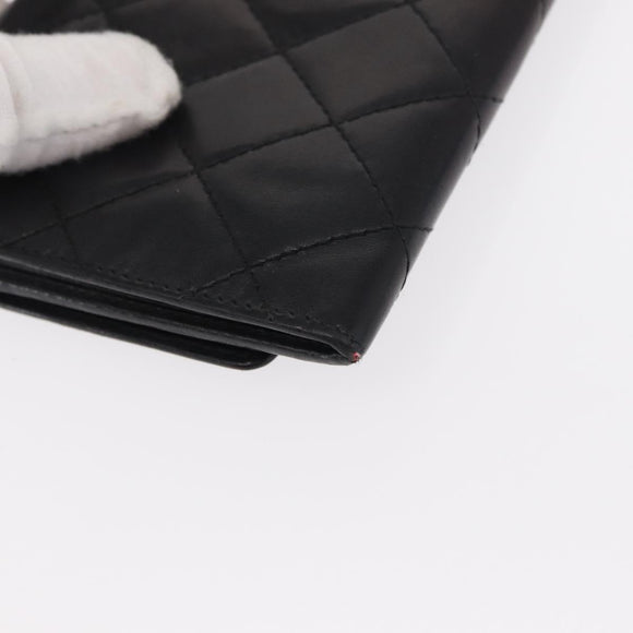 CHANEL Cambon Line Wallet Lamb Skin Black Silver CC Auth bs31589