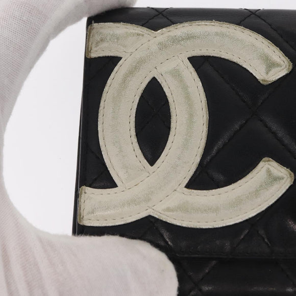 CHANEL Cambon Line Wallet Lamb Skin Black Silver CC Auth bs31589