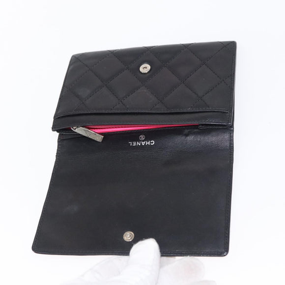 CHANEL Cambon Line Wallet Lamb Skin Black Silver CC Auth bs31589