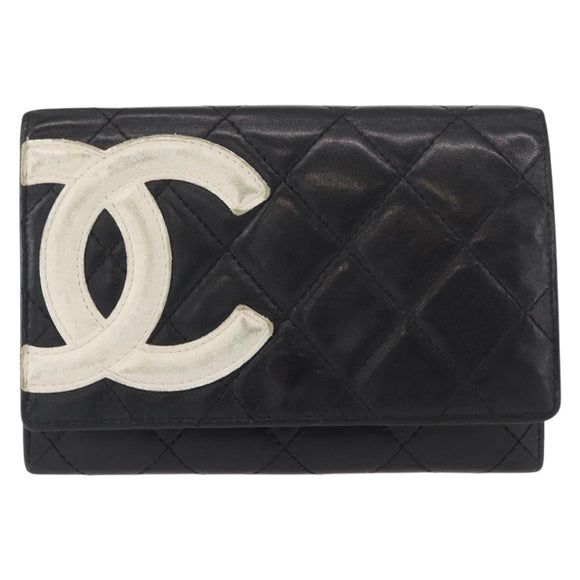 CHANEL Cambon Line Wallet Lamb Skin Black Silver CC Auth bs31589