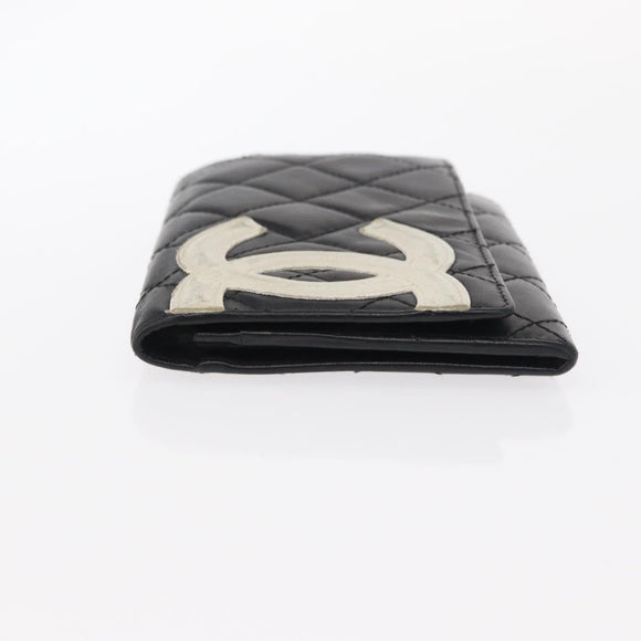 CHANEL Cambon Line Wallet Lamb Skin Black Silver CC Auth bs31589