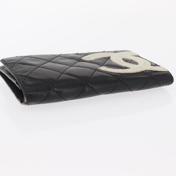 CHANEL Cambon Line Wallet Lamb Skin Black Silver CC Auth bs31589