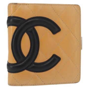 CHANEL Cambon Line Wallet Lamb Skin Beige Silver CC Auth bs31591