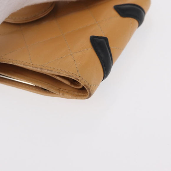 CHANEL Cambon Line Wallet Lamb Skin Beige Silver CC Auth bs31591