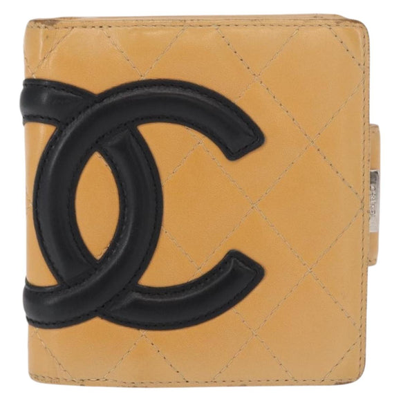 CHANEL Cambon Line Wallet Lamb Skin Beige Silver CC Auth bs31591