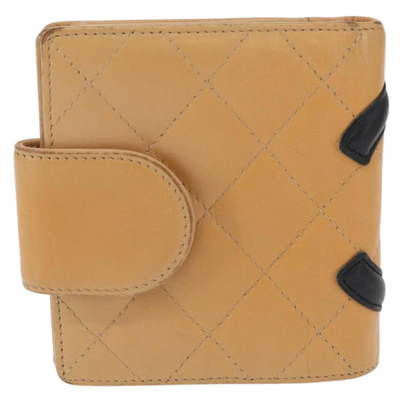 CHANEL Cambon Line Wallet Lamb Skin Beige Silver CC Auth bs31591