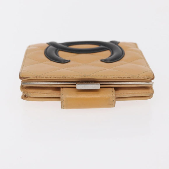 CHANEL Cambon Line Wallet Lamb Skin Beige Silver CC Auth bs31591