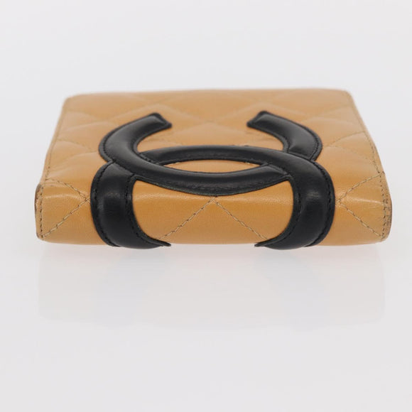 CHANEL Cambon Line Wallet Lamb Skin Beige Silver CC Auth bs31591