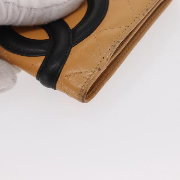 CHANEL Cambon Line Wallet Lamb Skin Beige Silver CC Auth bs31591