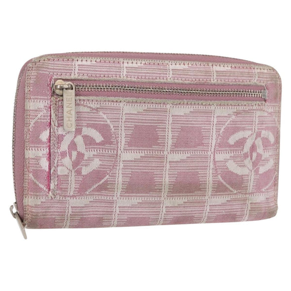 CHANEL New Travel Line Zip Around Long Wallet Nylon Pink Silver CC Auth bs31593