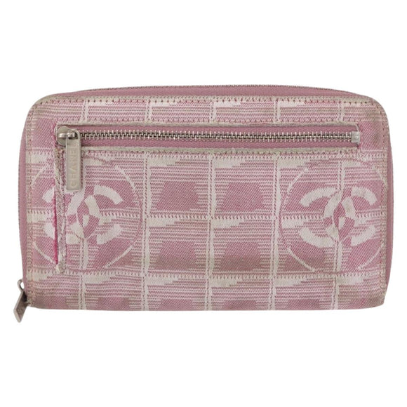 CHANEL New Travel Line Zip Around Long Wallet Nylon Pink Silver CC Auth bs31593