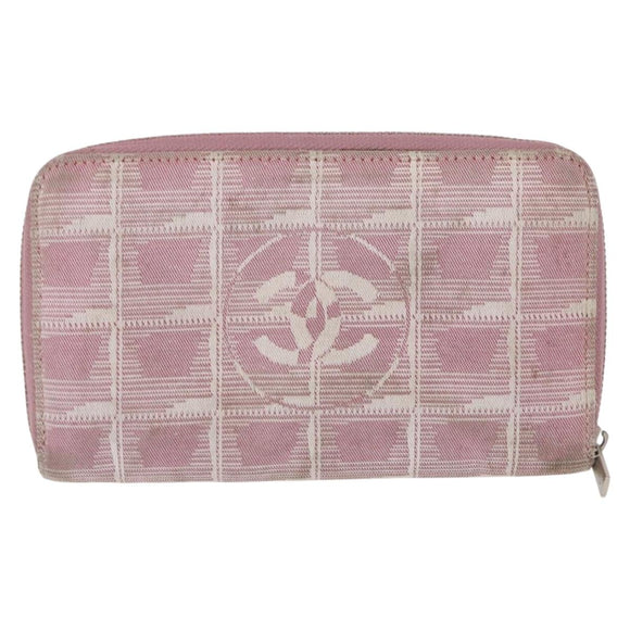 CHANEL New Travel Line Zip Around Long Wallet Nylon Pink Silver CC Auth bs31593