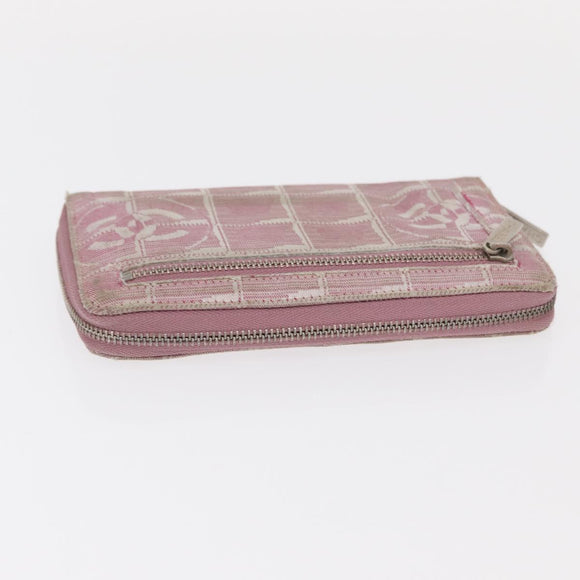 CHANEL New Travel Line Zip Around Long Wallet Nylon Pink Silver CC Auth bs31593