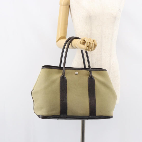 HERMES Tower Ash Garden Party MM Tote Bag Canvas Beige Silver Auth bs31632