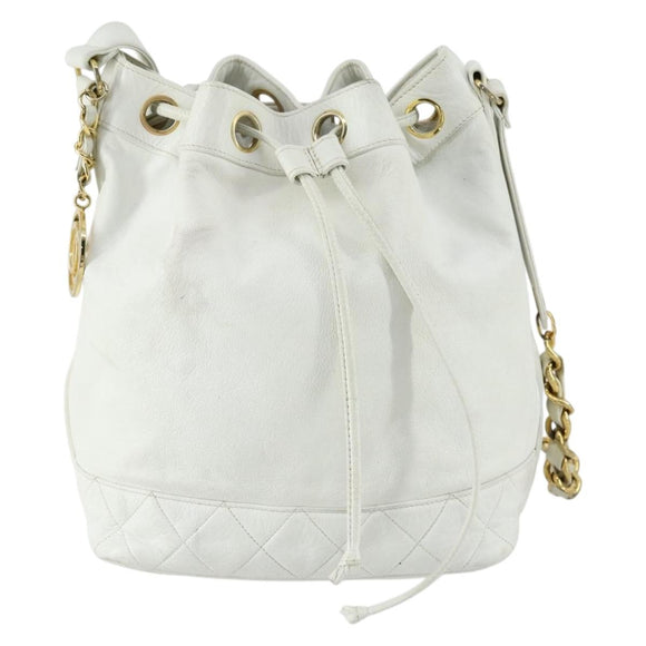 CHANEL Chain Shoulder Bag Leather White Gold CC Auth bs31633