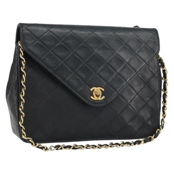 CHANEL Matelasse Chain Shoulder Bag Lamb Skin Black Gold CC Auth bs31635