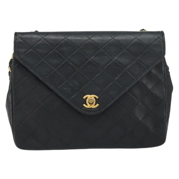 CHANEL Matelasse Chain Shoulder Bag Lamb Skin Black Gold CC Auth bs31635