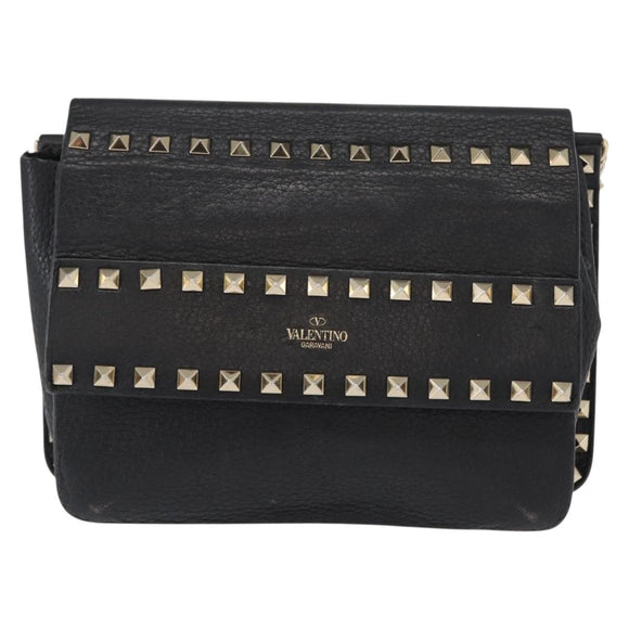 VALENTINO Rock Studs Shoulder Bag Leather Black Gold Auth bs31636
