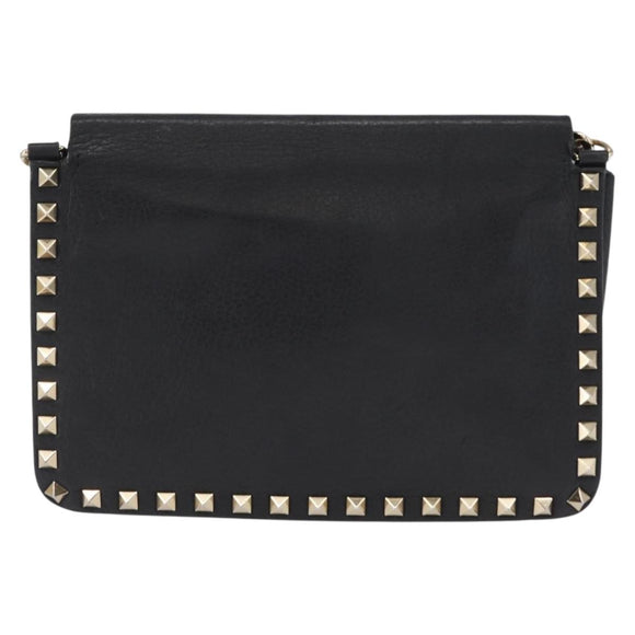 VALENTINO Rock Studs Shoulder Bag Leather Black Gold Auth bs31636