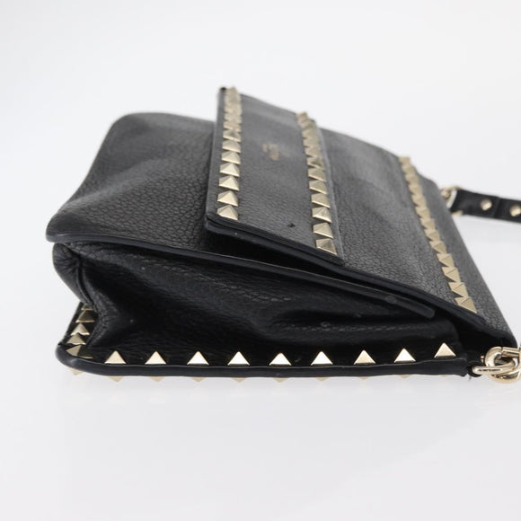 VALENTINO Rock Studs Shoulder Bag Leather Black Gold Auth bs31636