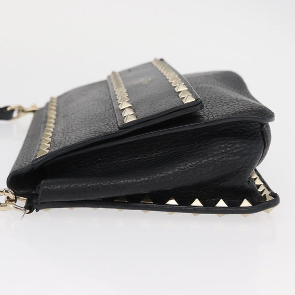 VALENTINO Rock Studs Shoulder Bag Leather Black Gold Auth bs31636